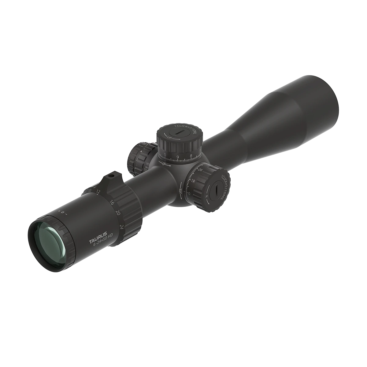 Detailansicht des Tauron 6-24x50 HD MIL Zielfernrohrs mit FFP-Absehen und griffigen Einstellrädern für taktische Präzision.