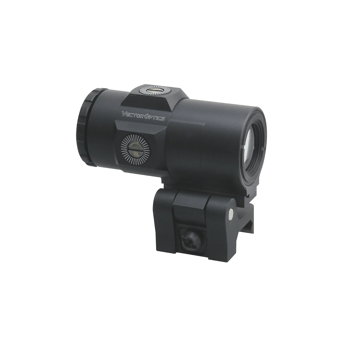 Seitliche Ansicht des 3x Magnifier Maverick-IV für Reflexvisiere, robustes Design mit präzisem Justierrad für taktische Einsätze.
