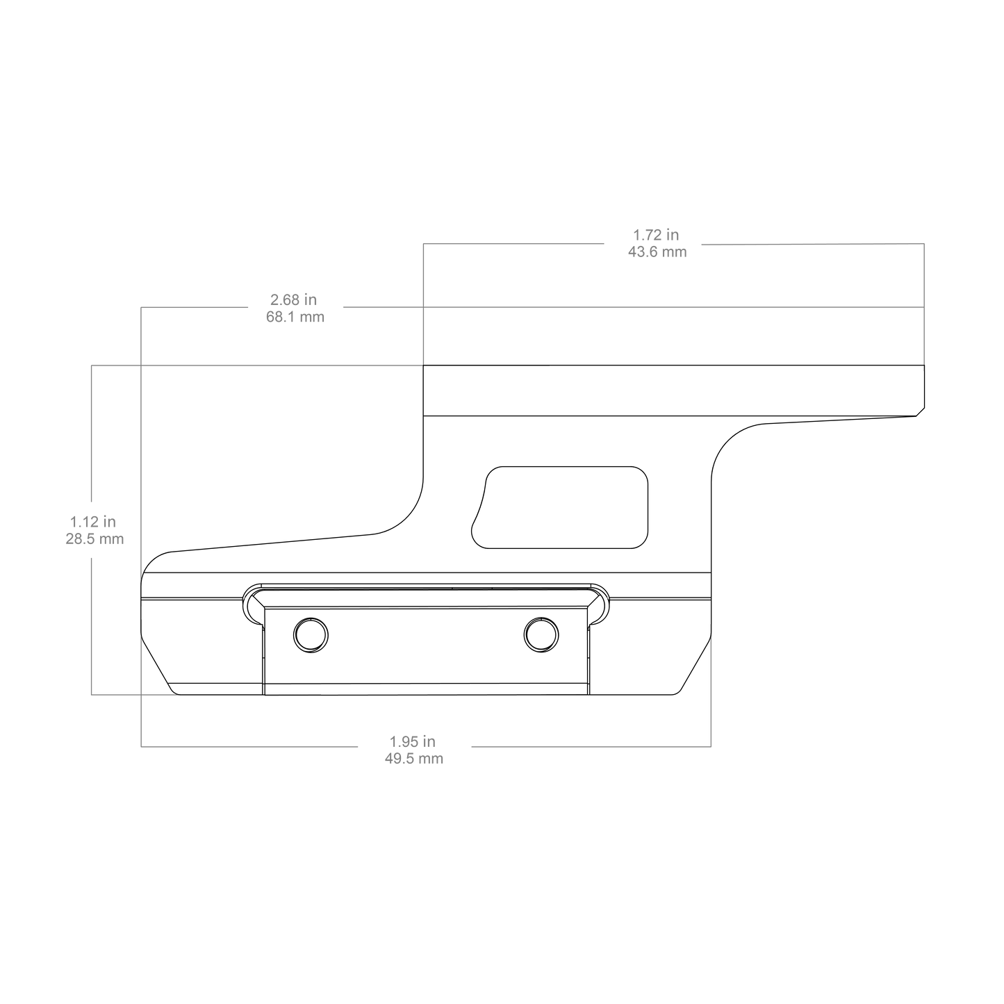 Technische Zeichnung der RUM Montage - Vector Optics Riser Mount mit genauen Maßen für T1/T2 Optiken und Picatinny-Kompatibilität