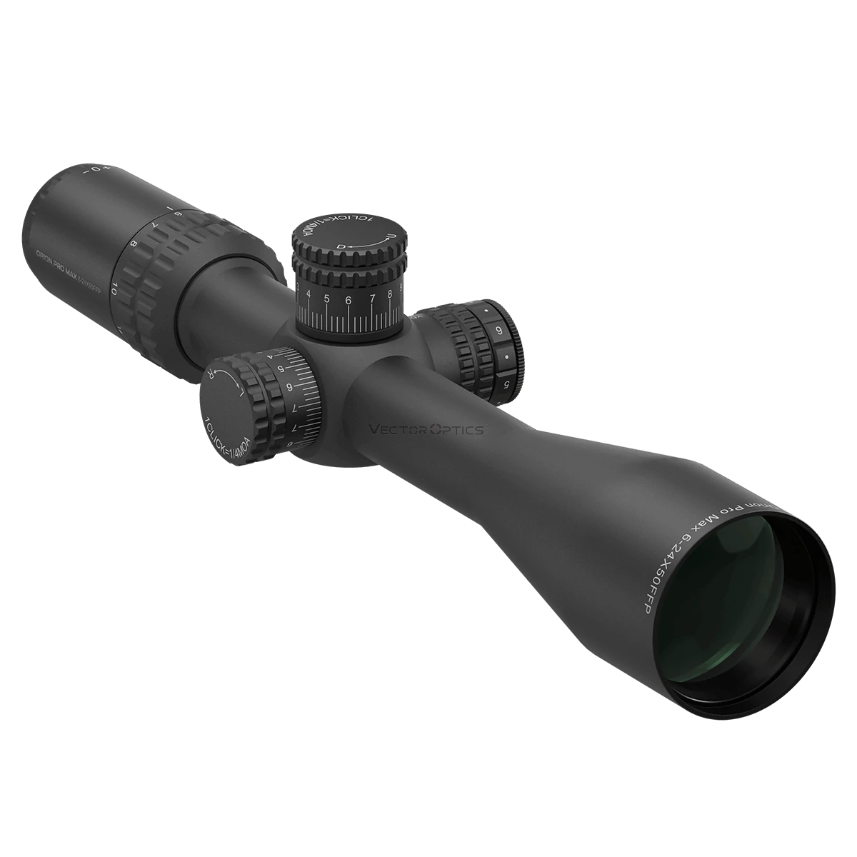 Detailansicht des Orion Pro Max 6-24X50 FFP Zielfernrohrs mit VE-RDF-Absehen und Zero-Stop-Funktion für maximale Zielgenauigkeit.