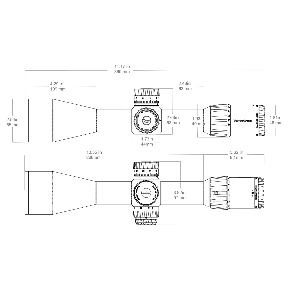 Technische Zeichnung des Tauron 4-32x56 ED SFP Zielfernrohrs mit genauen Maßangaben für Montage und Kompatibilität mit Optiksystemen.