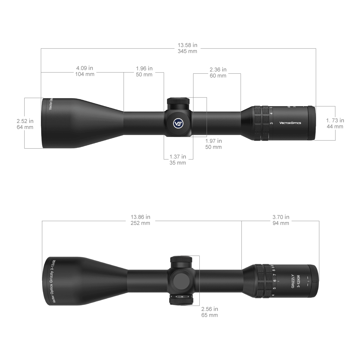 Technische Zeichnung des Grizzly Pro 3–12×56i SFP Zielfernrohrs mit detaillierten Maßen für Montage und Kompatibilität mit Jagdwaffen.