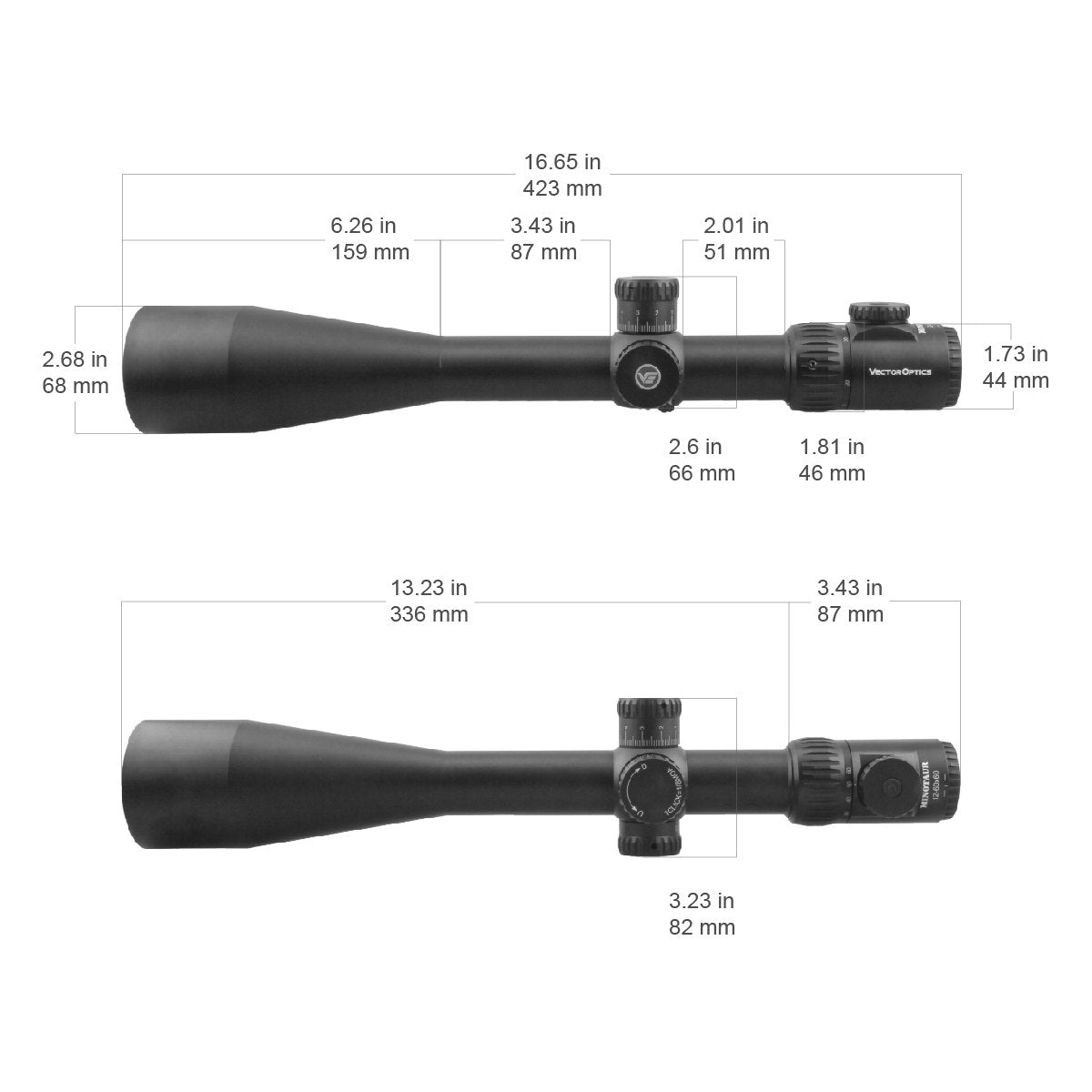 Technische Zeichnung des Minotaur 12-60x60 GenII SFP Zielfernrohrs mit detaillierten Abmessungen in Millimetern.