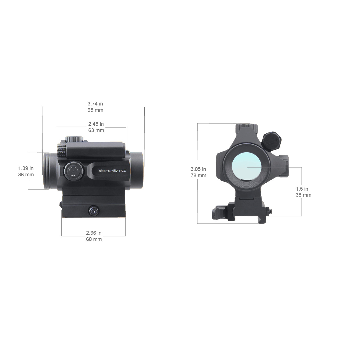 Technische Maße des Nautilus 1x30 Red Dot Visiers mit Schnellverschluss, kompakte Bauweise für einfache Montage auf Waffen.