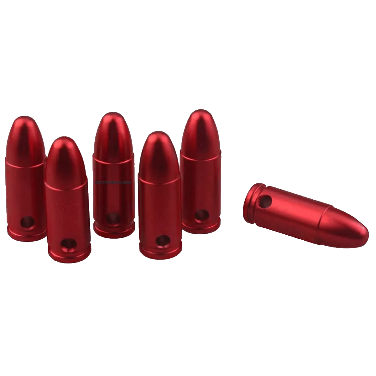 Rotes Snap Cap Set mit sechs Aluminium-Trainingspatronen für Pistolen. Mit Bohrungen zur sicheren Identifikation.
