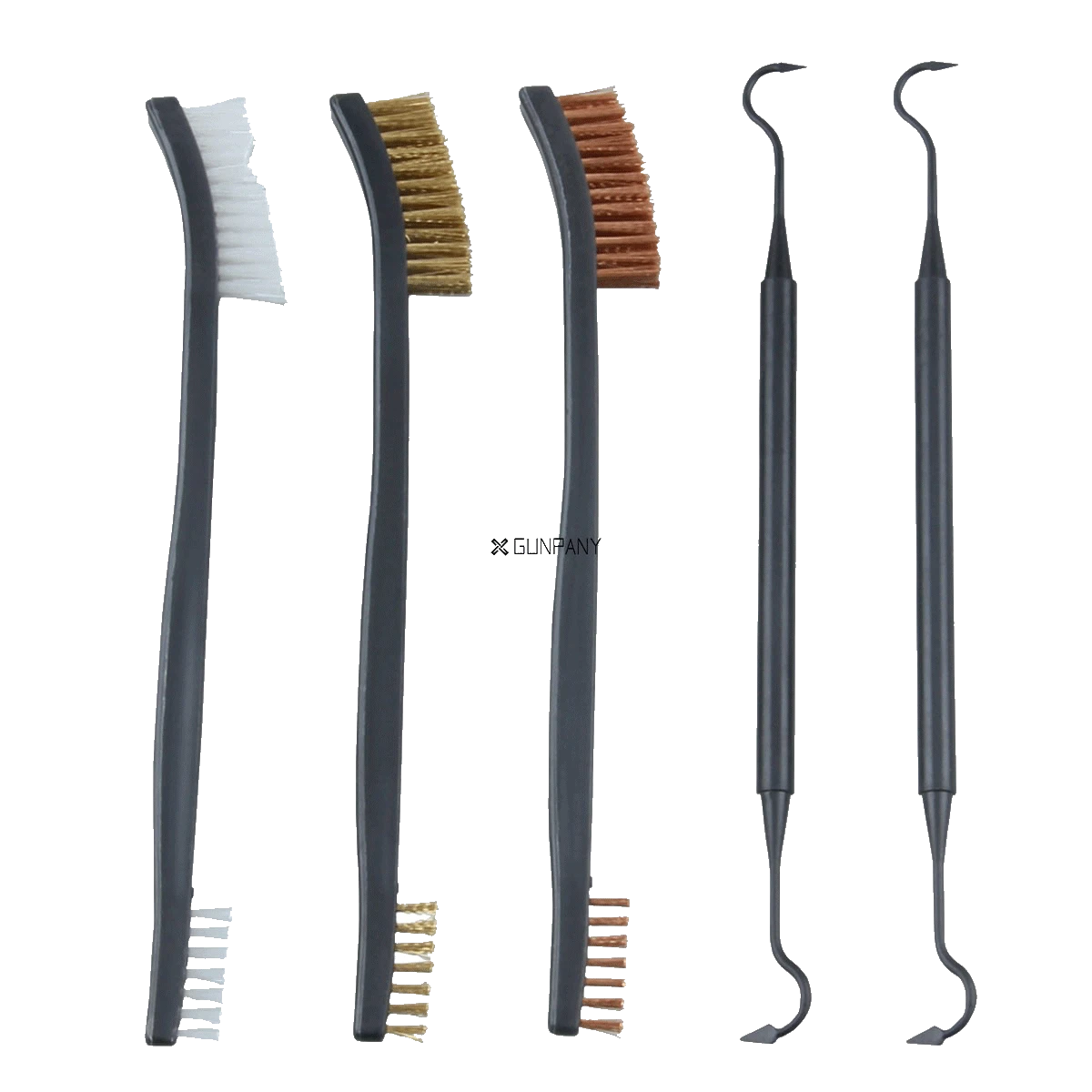 5er-Set Bürsten und Picks - Waffenreinigungsset mit Nylon-, Messing- und Stahlbürsten sowie zwei Reinigungs-Picks für präzise Waffenpflege.