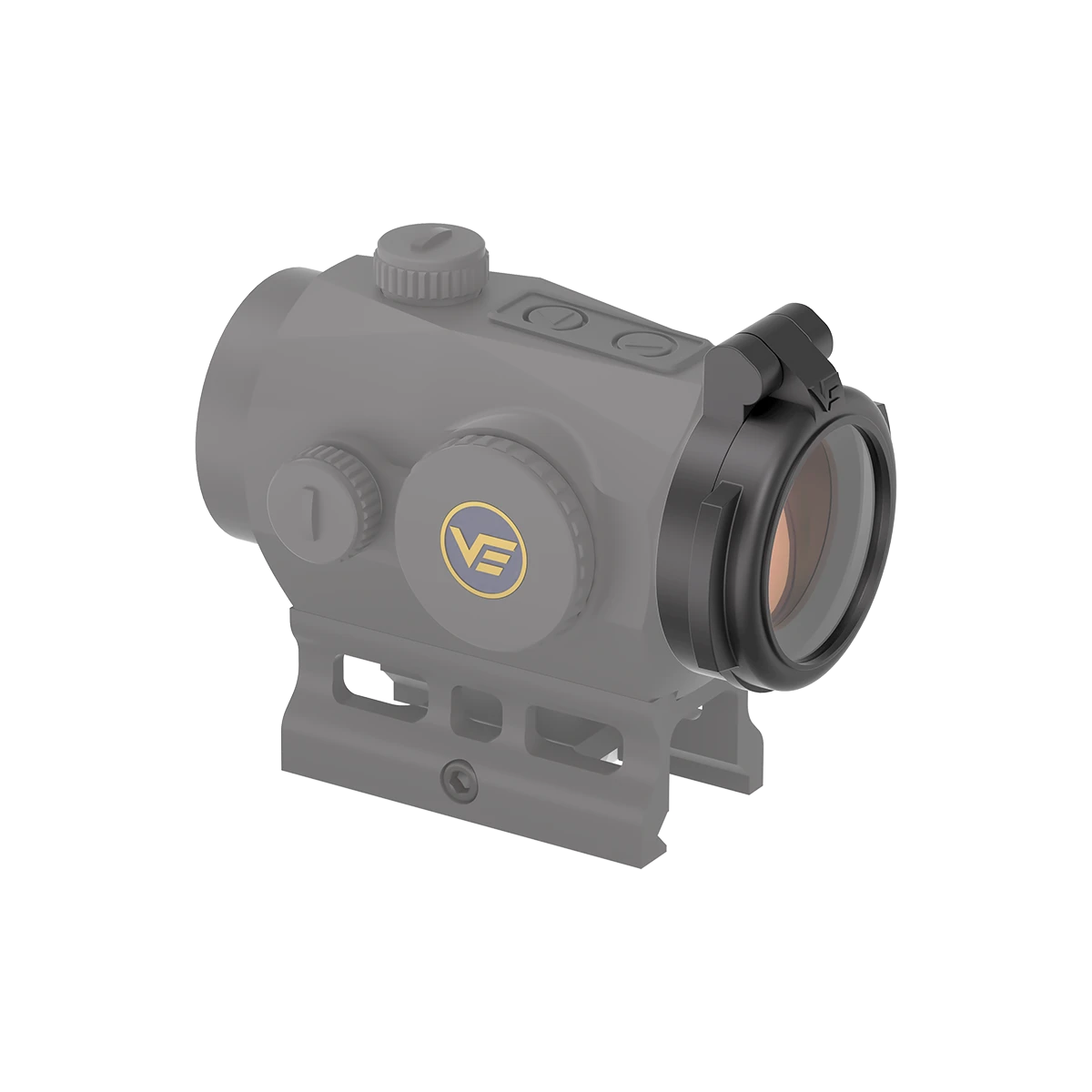 Linsenschutz Flip-Cap auf Scrapper Zieloptik montiert. Effektiver Objektivschutz gegen Staub und Kratzer.