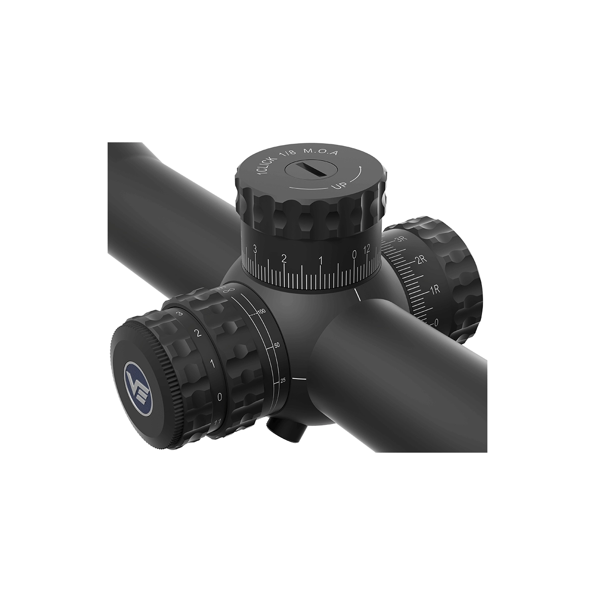 Seitliche Nahaufnahme der taktischen Türme des Sentinel-X 10-40x50 Vector Optics Zielfernrohrs mit klarer MOA-Skalierung für präzise Einstellungen.