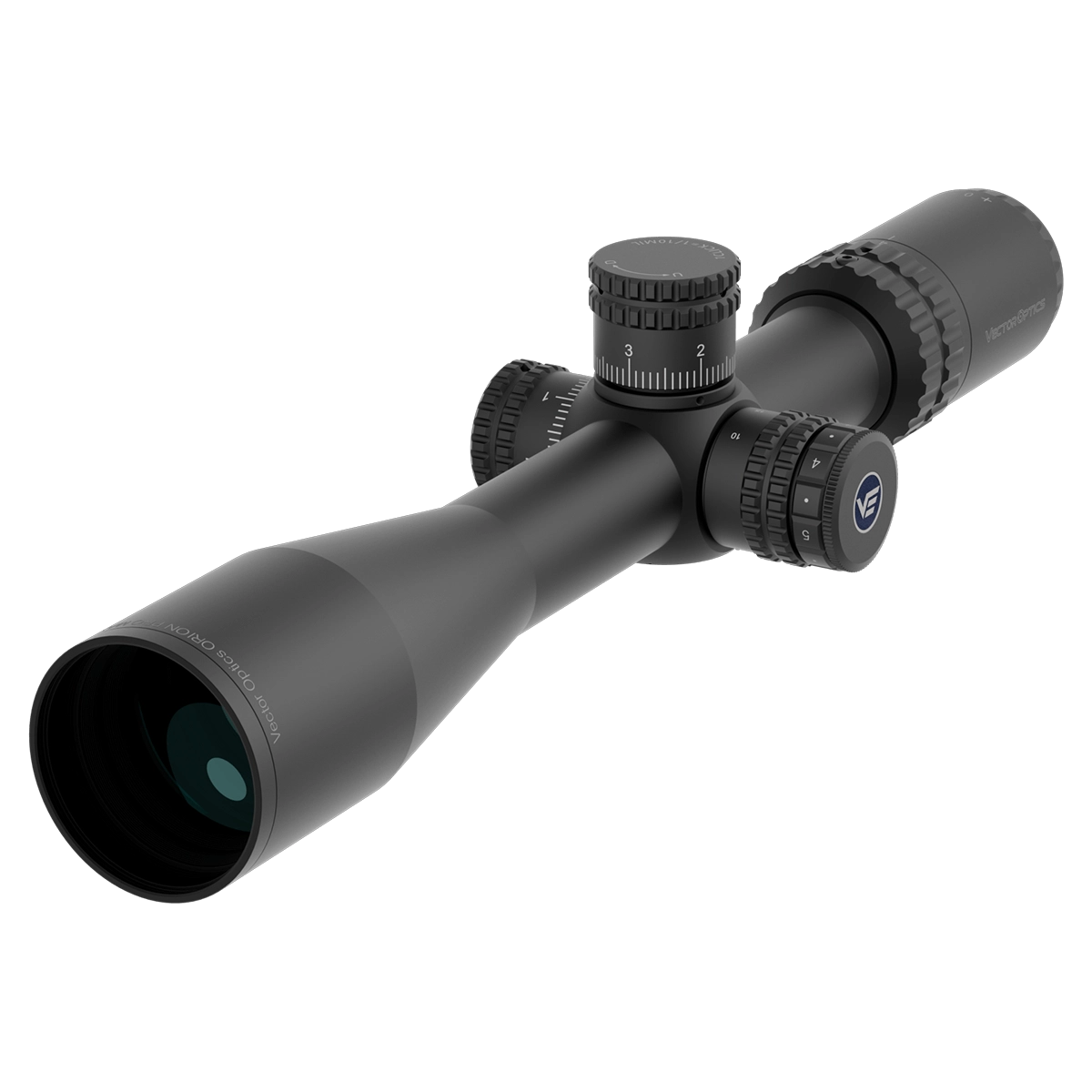 Schrägansicht des Orion Pro Max 4-16x44 Zielfernrohrs mit taktischen Türmen und HD-Linsen für klare Zielerfassung bei jeder Vergrößerung.