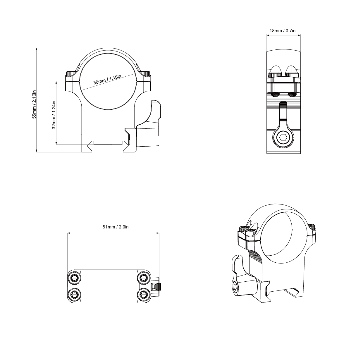 Technische Zeichnung des mittelhohen 30mm QD-Stahlrings XASR-SQ12 mit detaillierten Abmessungen. Kompatibel mit Optiken auf Picatinny-Schienen.