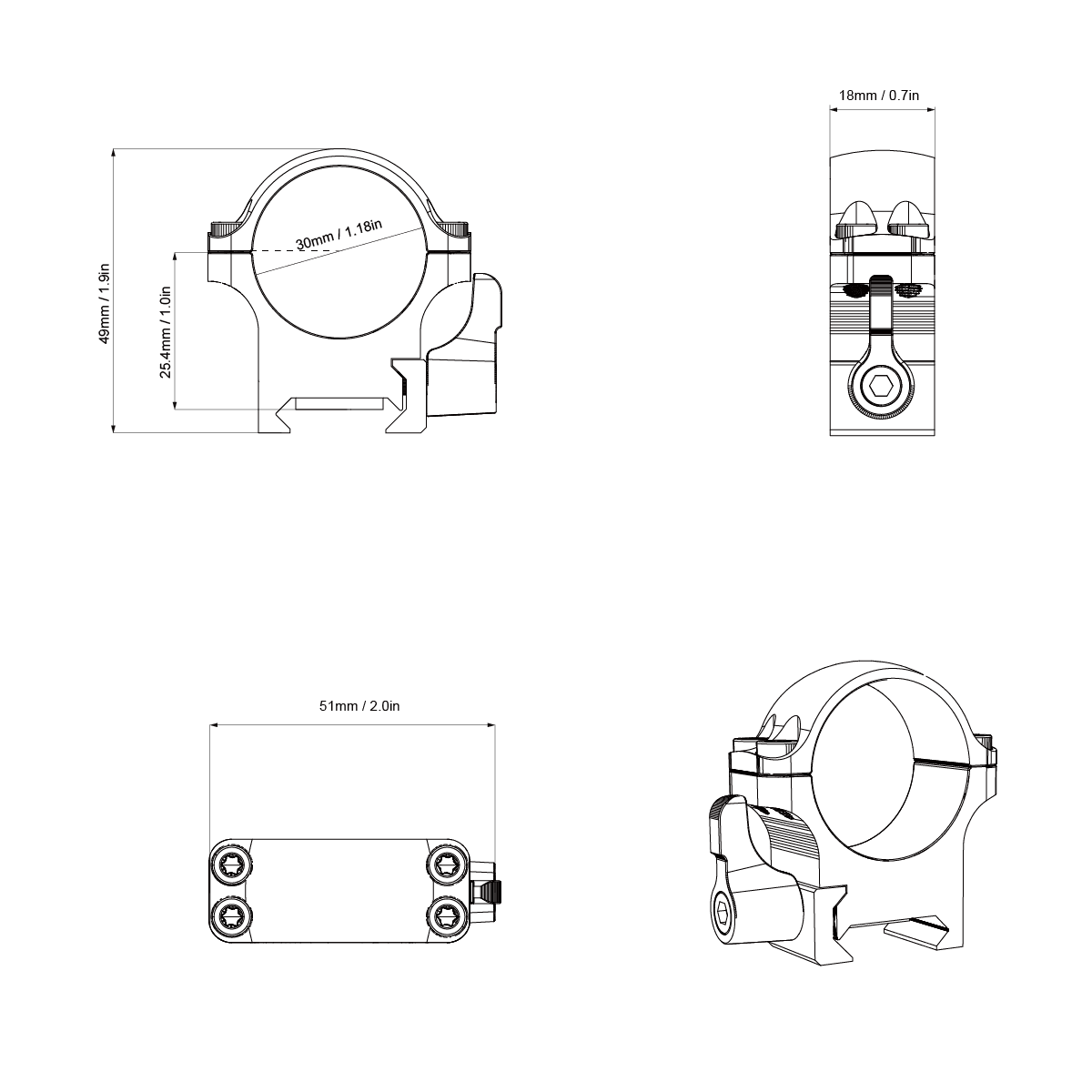 Technische Zeichnung des niedrigen 30mm QD-Stahlrings XASR-SQ11 mit Maßen. Präzise Passform für Picatinny-Montage von Zielfernrohren.