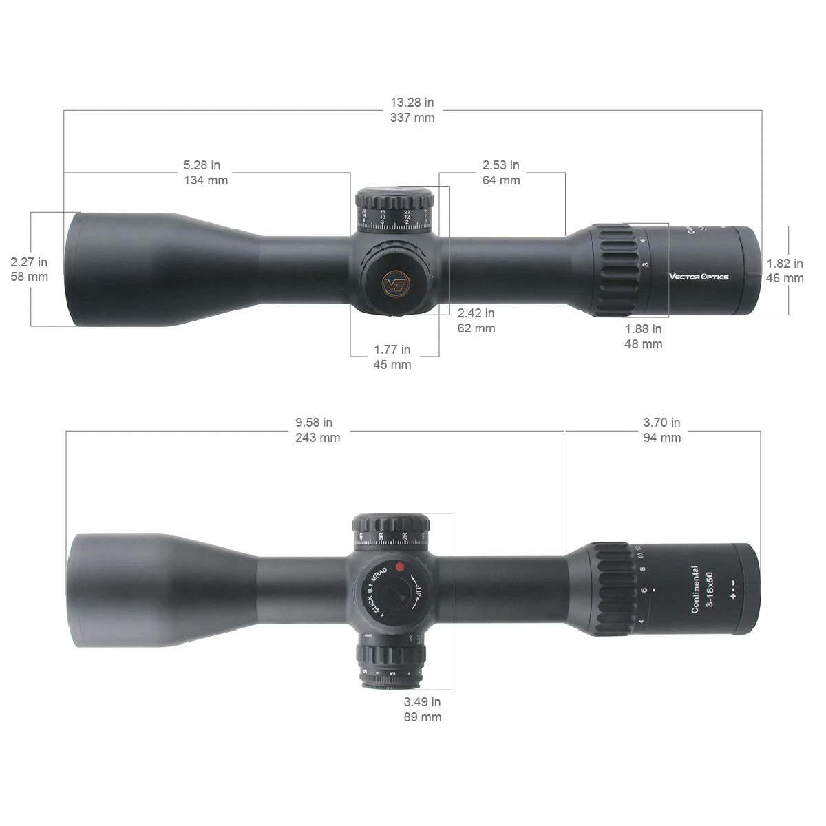 Technische Zeichnung des Continental x6 3-18x50 FFP Zielfernrohrs mit Maßangaben für optimale Montage und Kompatibilität.