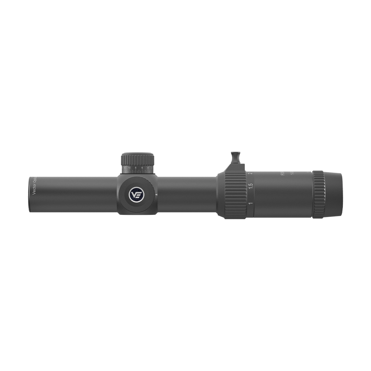 Profilansicht des Forester 1–5×24 SFP Zielfernrohrs mit Logo und kompaktem Aufbau für präzise Zieloptik bei der Jagd.