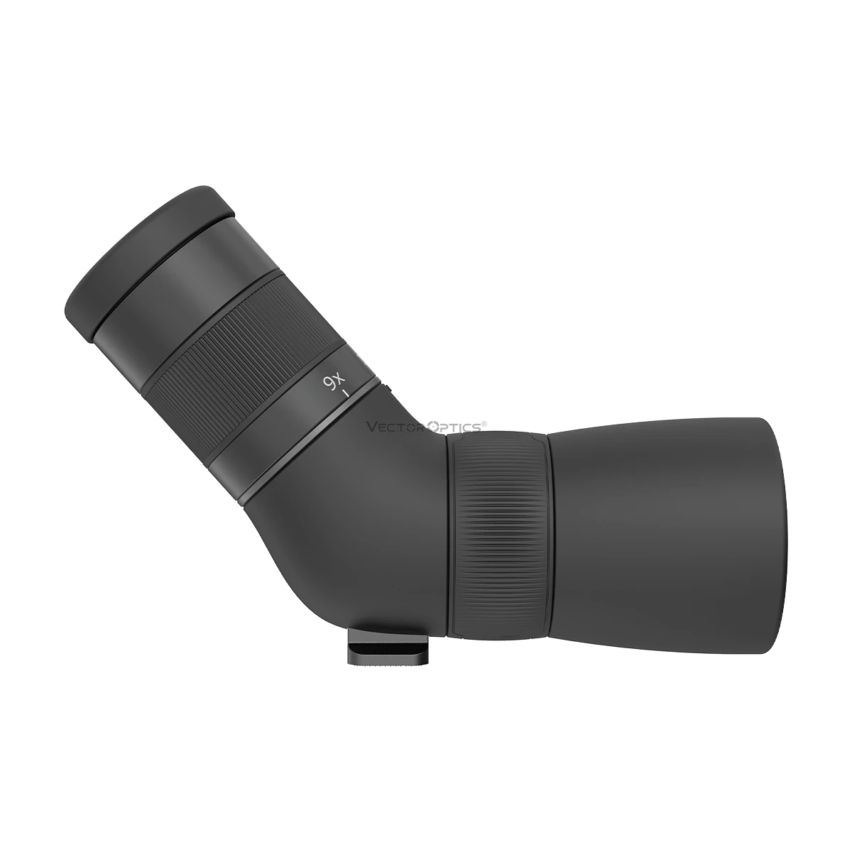 Seitliche Ansicht des Paragon 9-27x56ED Spotting Scope mit 9x Zoomanzeige. Kompaktes ED-Fernglas für detailreiche Beobachtungen.