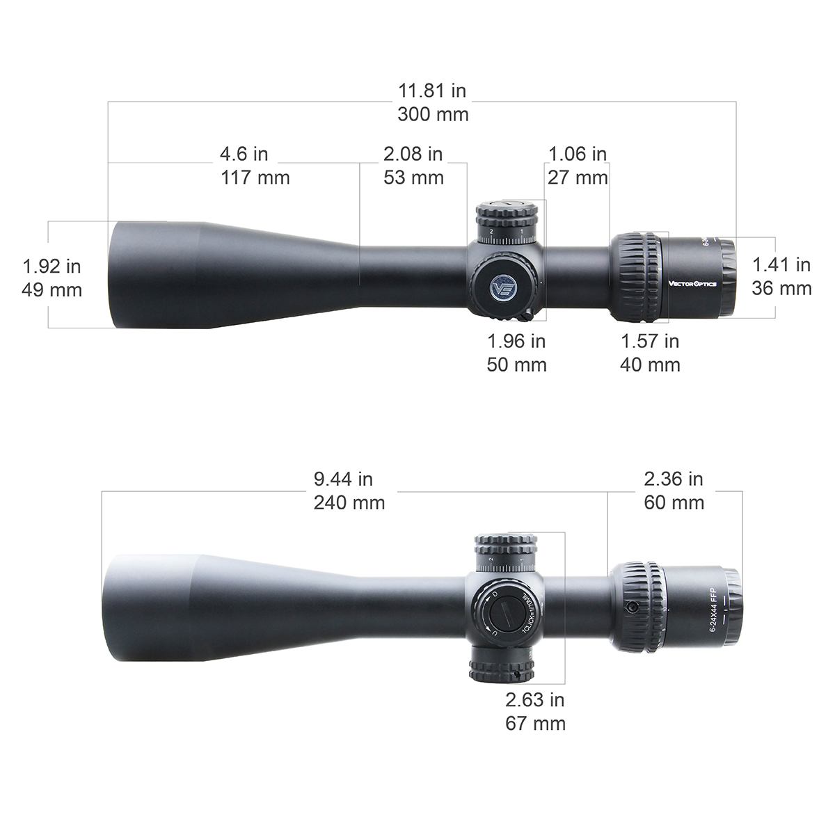 Technische Maße des Veyron 6-24x44 FFP Zielfernrohrs mit 300mm Länge, kompakt und leicht für vielseitige Montagemöglichkeiten auf Waffen.