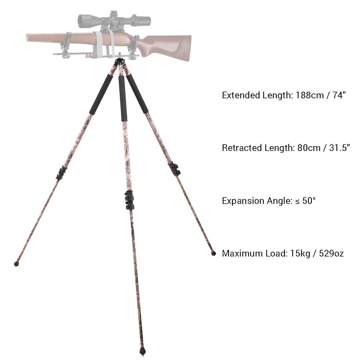 Technische Daten des Camo Dreibein SGGR-08 mit Gewehrhalterung – verstellbare Höhe bis 188 cm und Belastbarkeit bis 15 kg.