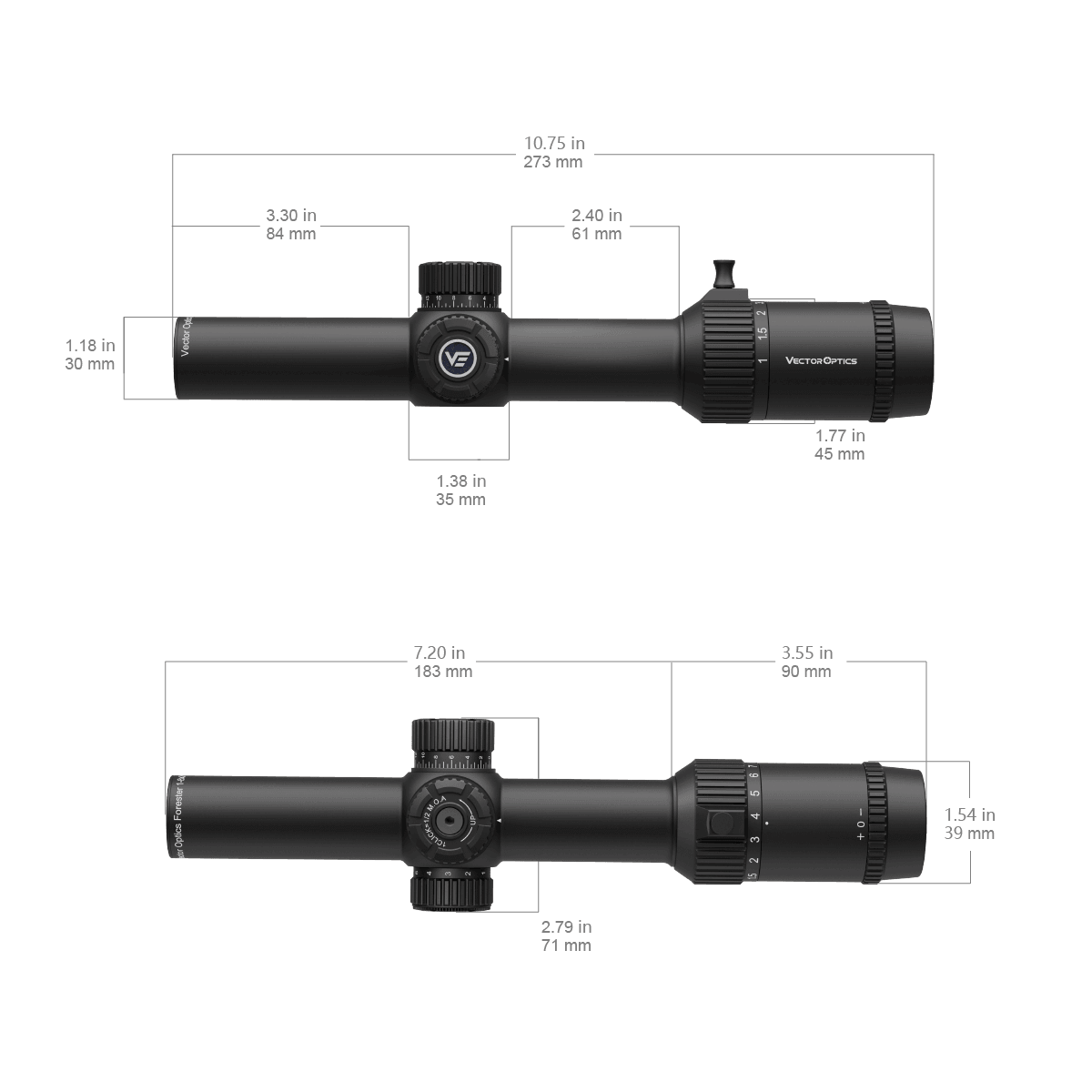 Technische Zeichnung des Forester 1–8×24 SFP Zielfernrohrs mit Maßangaben in Zoll und Millimeter für Montageplanung.
