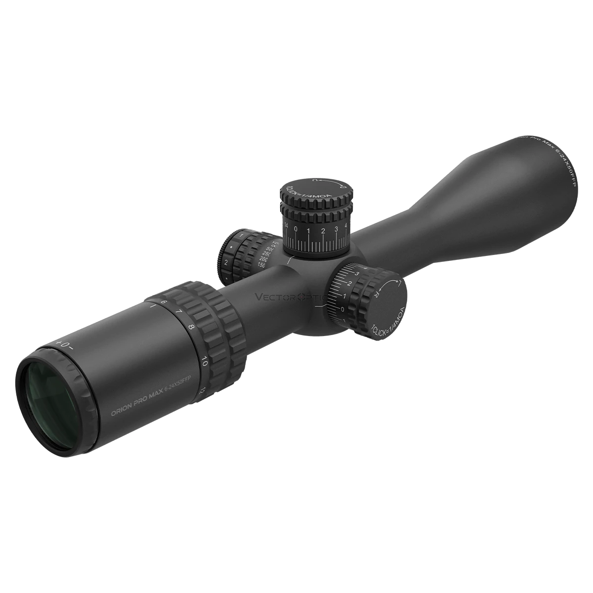 Orion Pro Max 6-24X50 FFP Zielfernrohr mit 50 mm Objektivlinse und fein justierbaren Türmen für taktische Anwendungen.