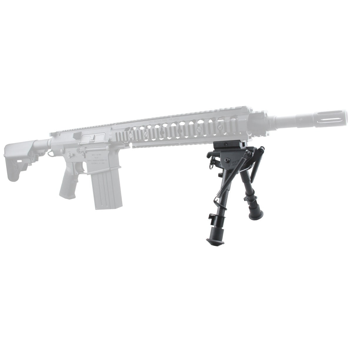 Montiertes taktisches Carbon Zweibein an einem Gewehr mit Picatinny-Schiene, sorgt für Stabilität beim Präzisionsschießen.