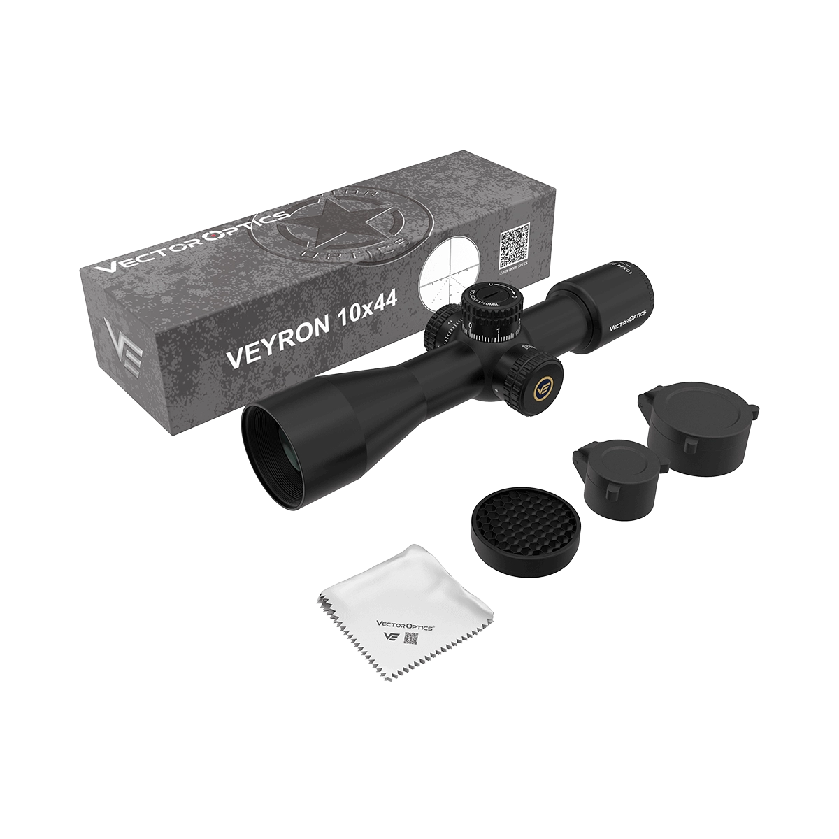 Lieferumfang des Veyron 10×44 SFP Zielfernrohrs inklusive Schutzkappen, Reinigungstuch und Originalverpackung.