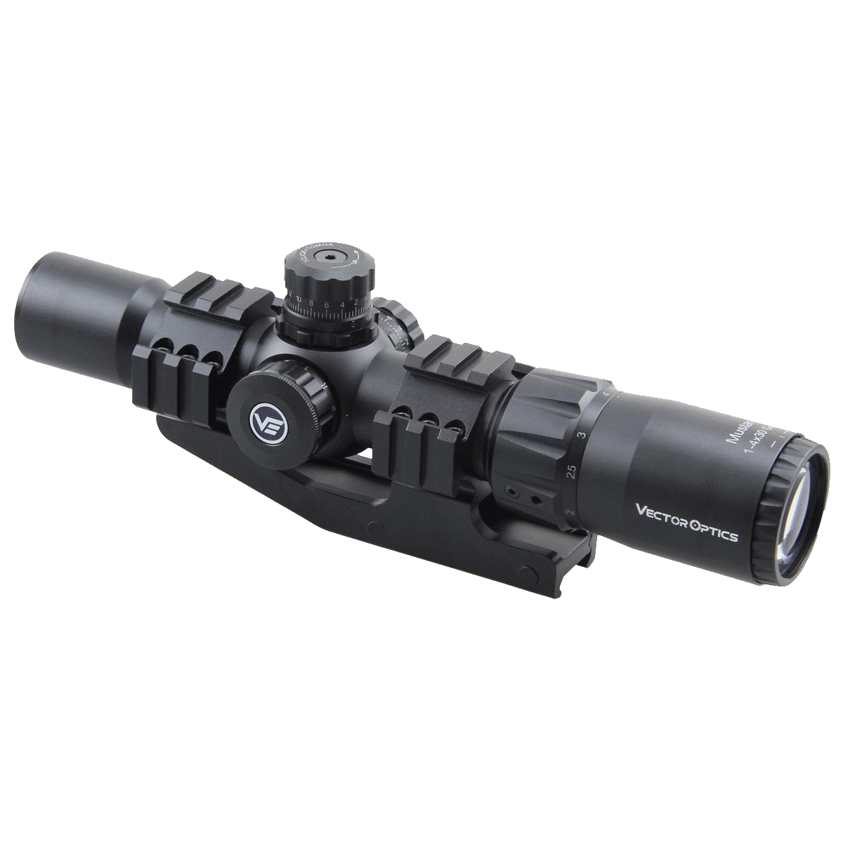 Vecoptics Mustang 1-4×30 SFP Zielfernrohr mit beleuchtetem Absehen und robuster Montage, perfekt für Jagd und taktische Anwendungen.