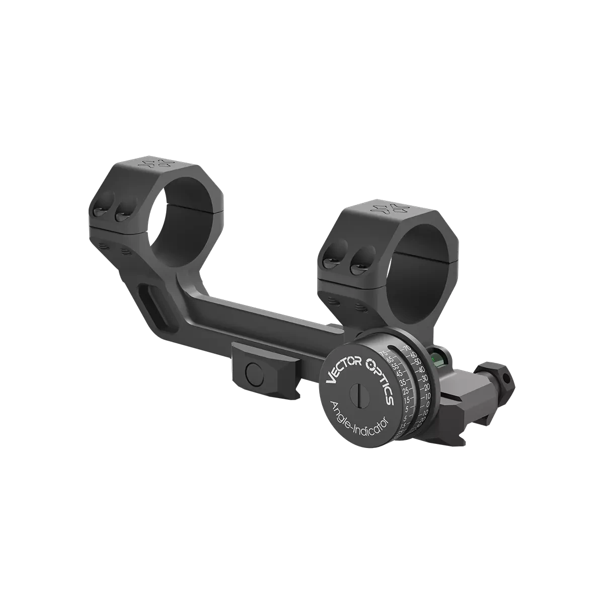 Seitliche Ansicht der Cantilever Zielfernrohr Montage mit integriertem Kosinus-Indikator für präzise Long-Range-Schüsse auf Picatinny-Schiene.