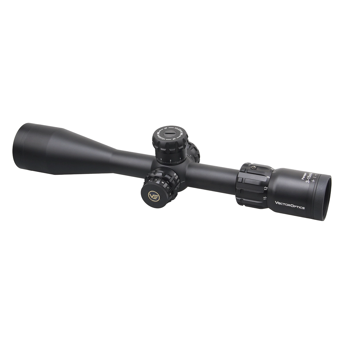 Detailansicht des Paragon 3-15x44 Zielfernrohrs mit klar sichtbarem Vector Optics Logo und ergonomischem Design für präzises Zielen.