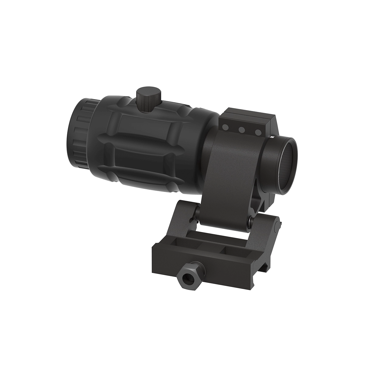 Rückansicht des 3x Magnifier Maverick SCMF-11 mit klappbarer Montage. Kompatibel mit Picatinny-Schienen für flexible Nutzung.