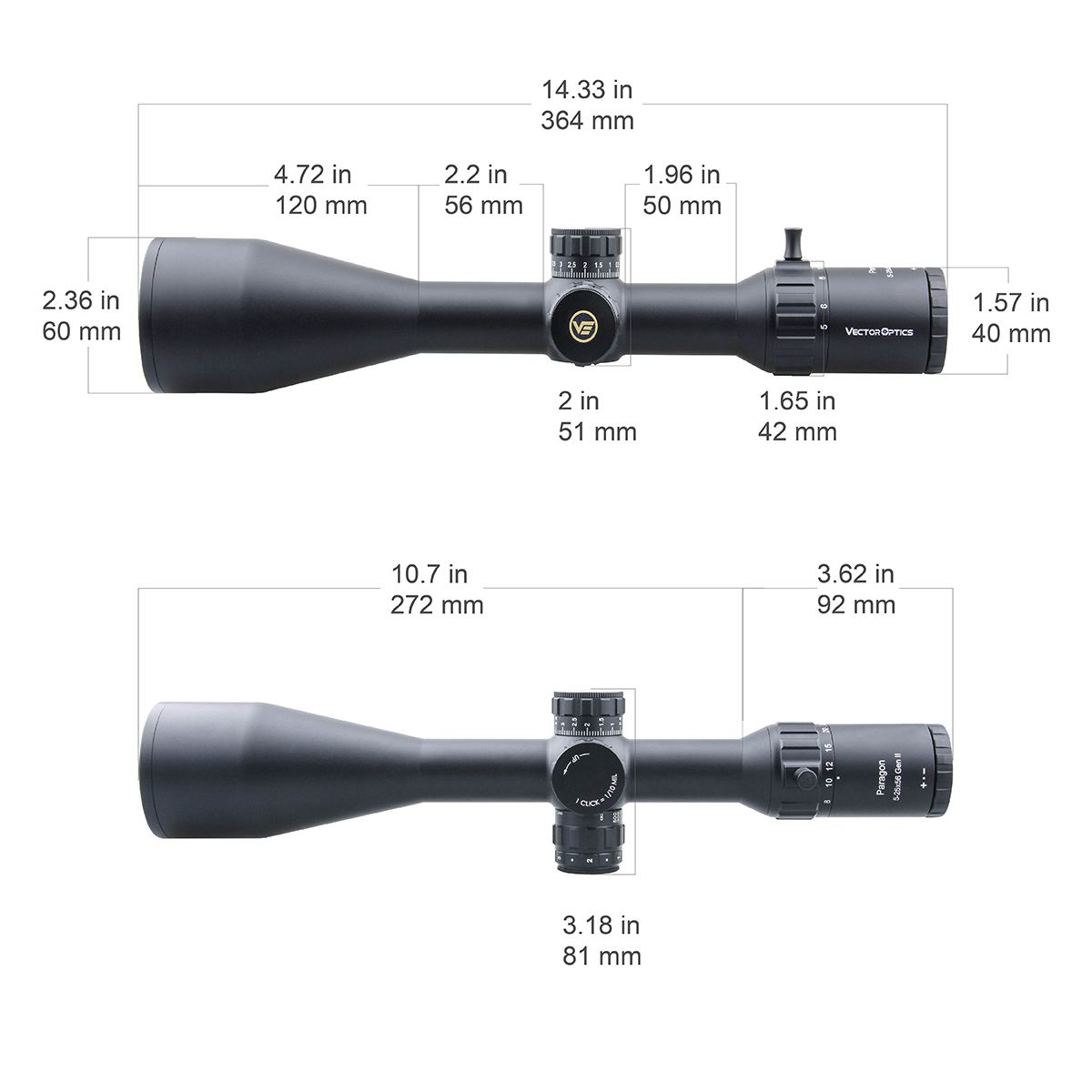 Technische Zeichnung des Paragon 5-25x56 GenII SFP Zielfernrohrs mit genauen Abmessungen für Montage und Kompatibilität.