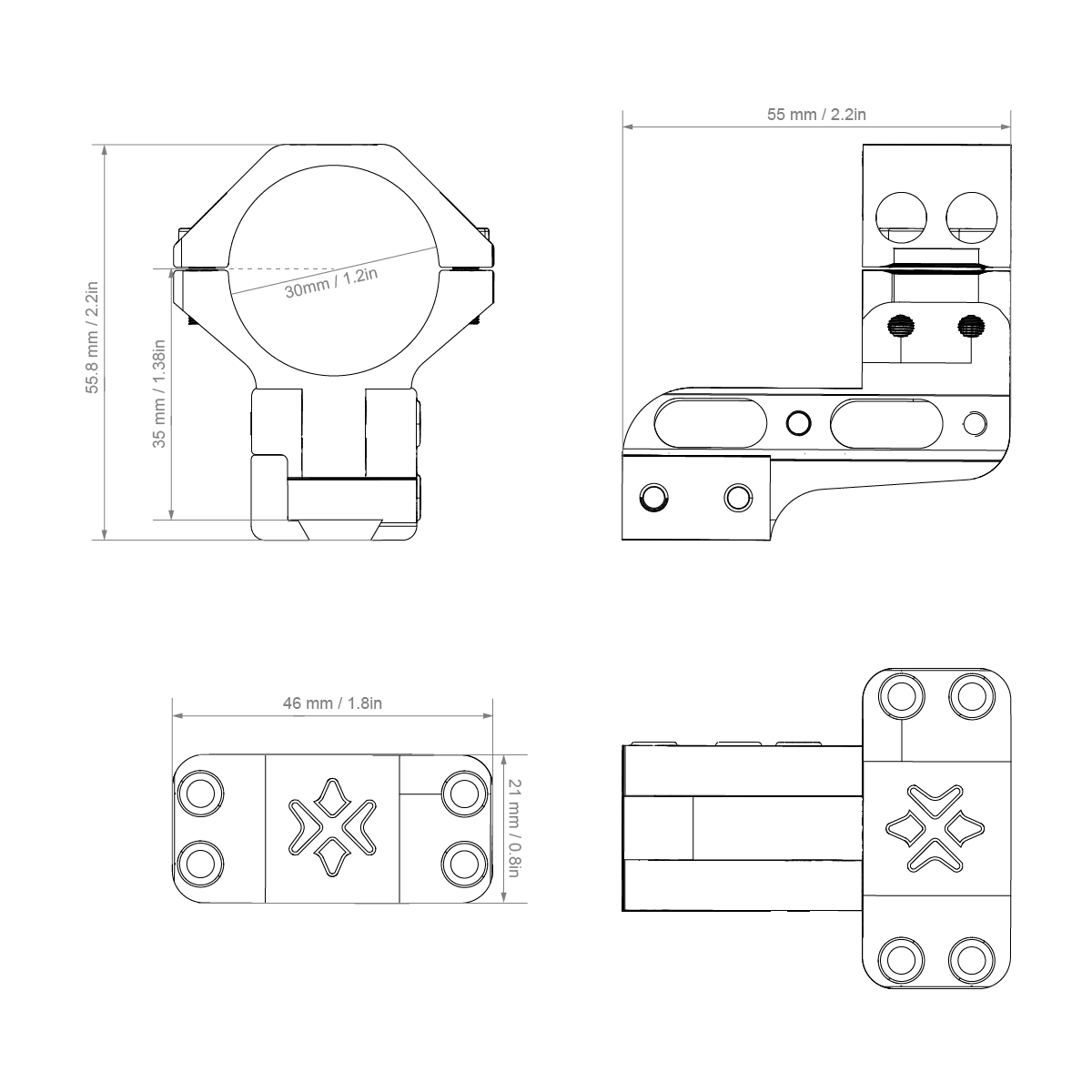 Technische Zeichnung der höhenverstellbaren Alu-Ringe 30mm Cantilever mit 11mm Dovetail, inklusive präziser Maße für optimale Passform.