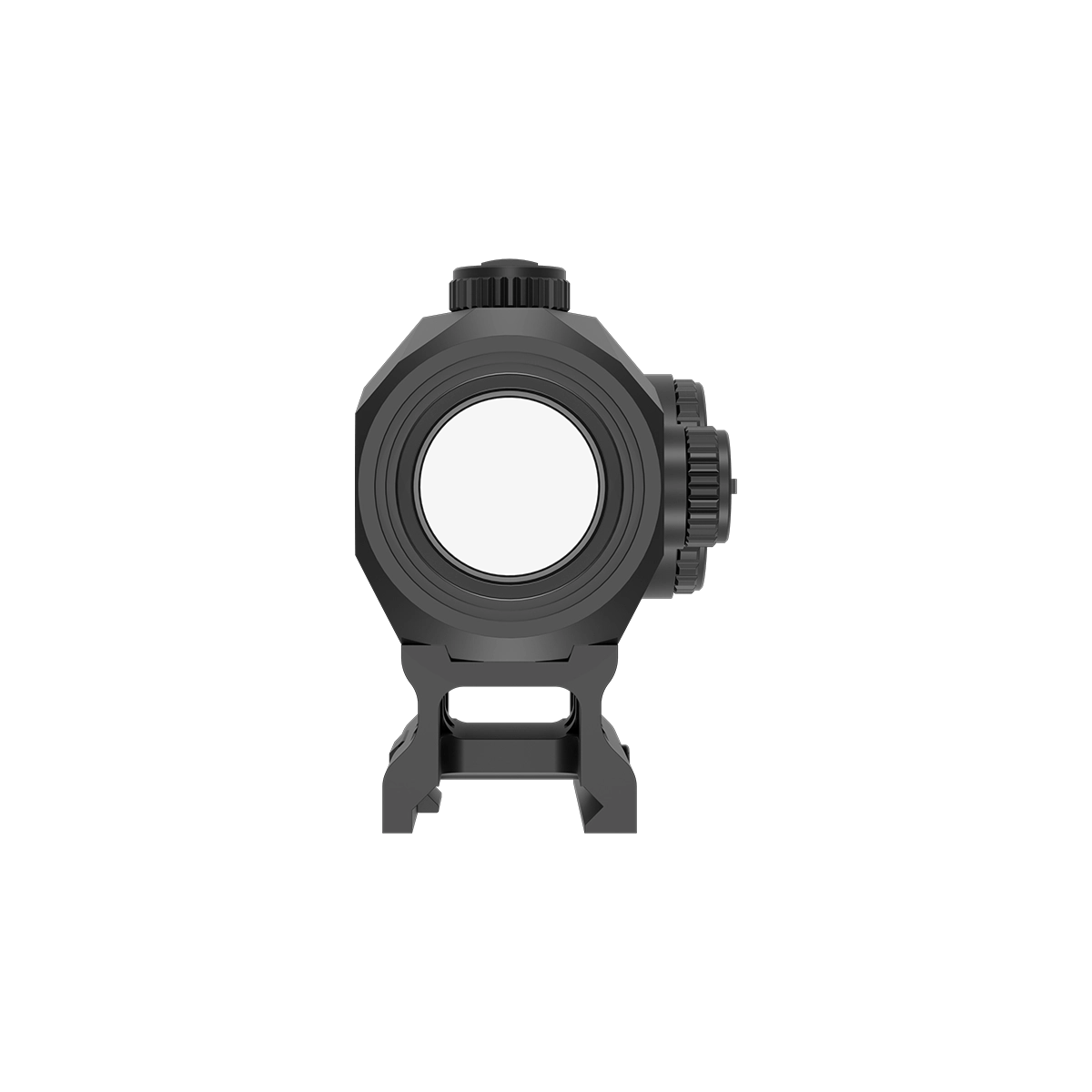 Frontansicht des Scrapper 1x25 Red Dot Sights mit 25mm Objektivdurchmesser für ein weites Sichtfeld und präzises Zielen.