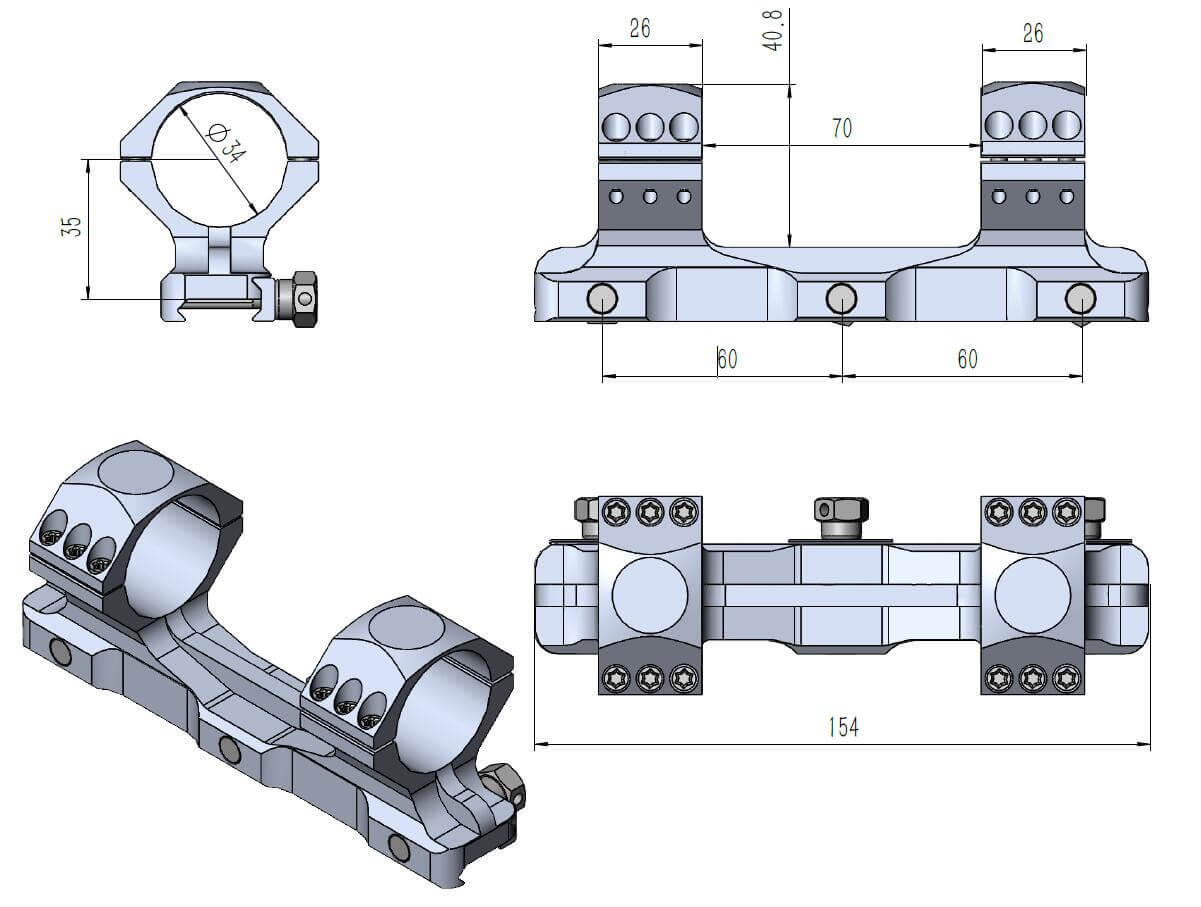 Detailzeichnung der 20MOA Picatinny Blockmontage X-Accu mit 154mm Gesamtlänge und 34mm Ringdurchmesser, ideal für Langstrecken-Zielfernrohre.