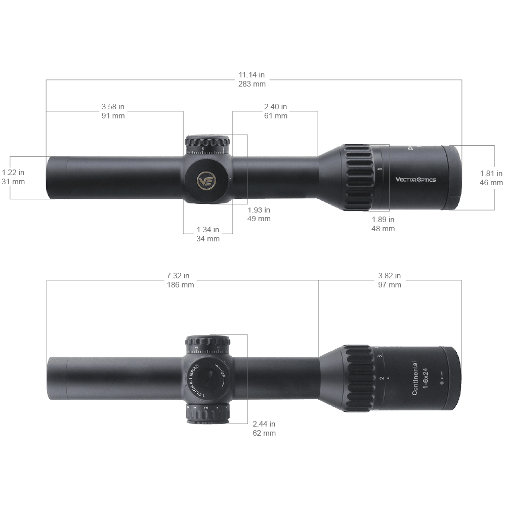 Technische Zeichnung des Continental X6 1–6×24 Tactical Zielfernrohrs mit genauen Abmessungen für Montage und Kompatibilität.