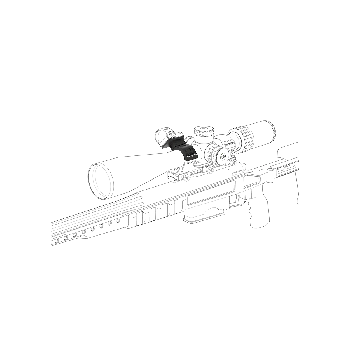 Seitliche Ansicht des X-Accu Montagesets für 30mm/34mm Tubus auf Gewehr – robuste Aluminium-Montage für taktische Anwendungen.