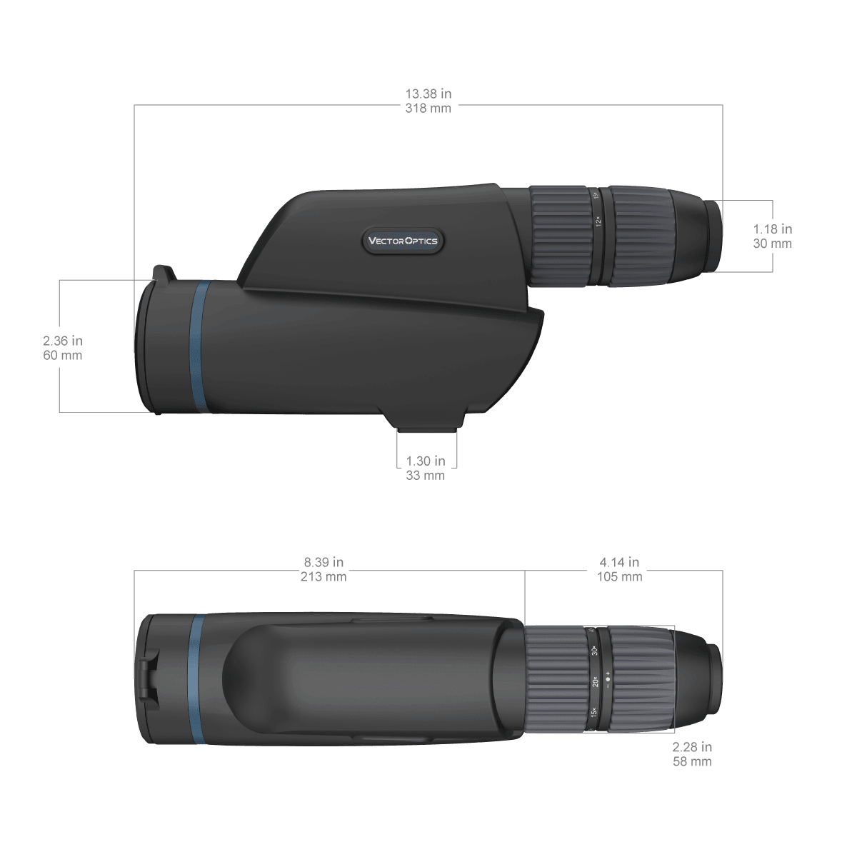 Technische Zeichnung des Vector Optics Continental 12-40x60ED Spektivs mit Maßangaben für taktisches Schießen.