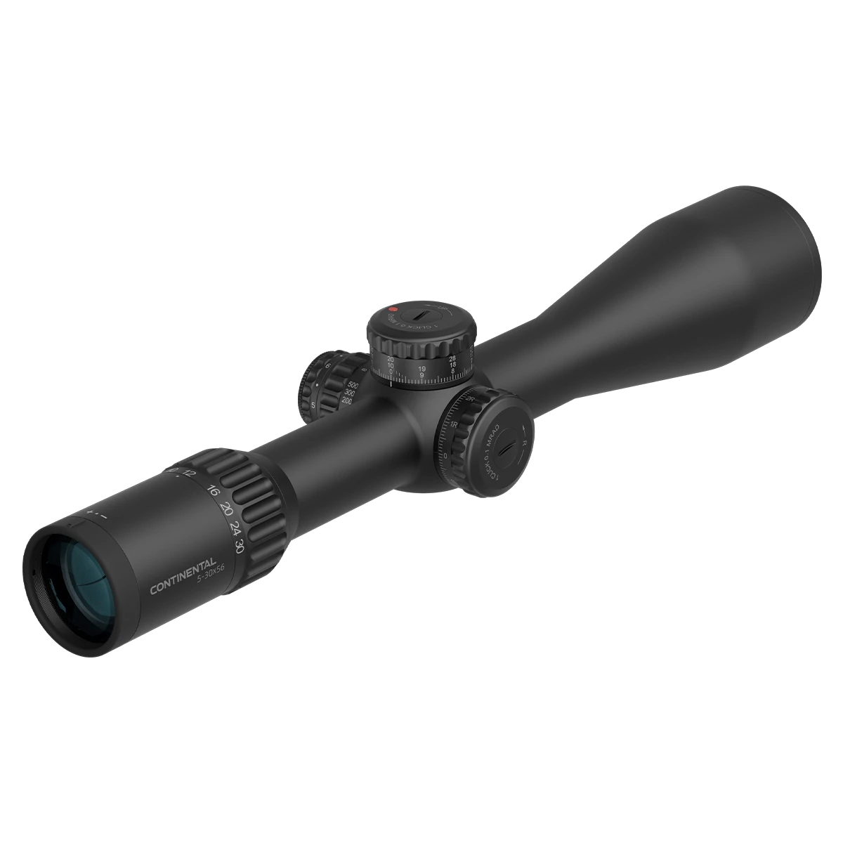 Rückseitige Ansicht des Continental x6 5-30x56 FFP Zielfernrohrs mit Vergrößerungsring und fein justierbaren Höhen- und Seitenverstelltürmen.