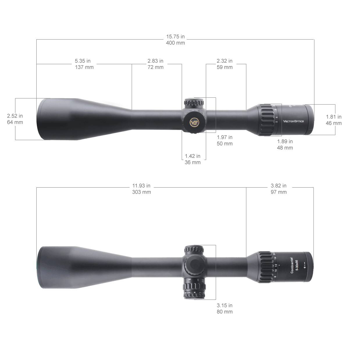 Technische Zeichnung des Continental x6 4-24x50 Tactical SFP mit genauen Abmessungen für Montage und Kompatibilität.