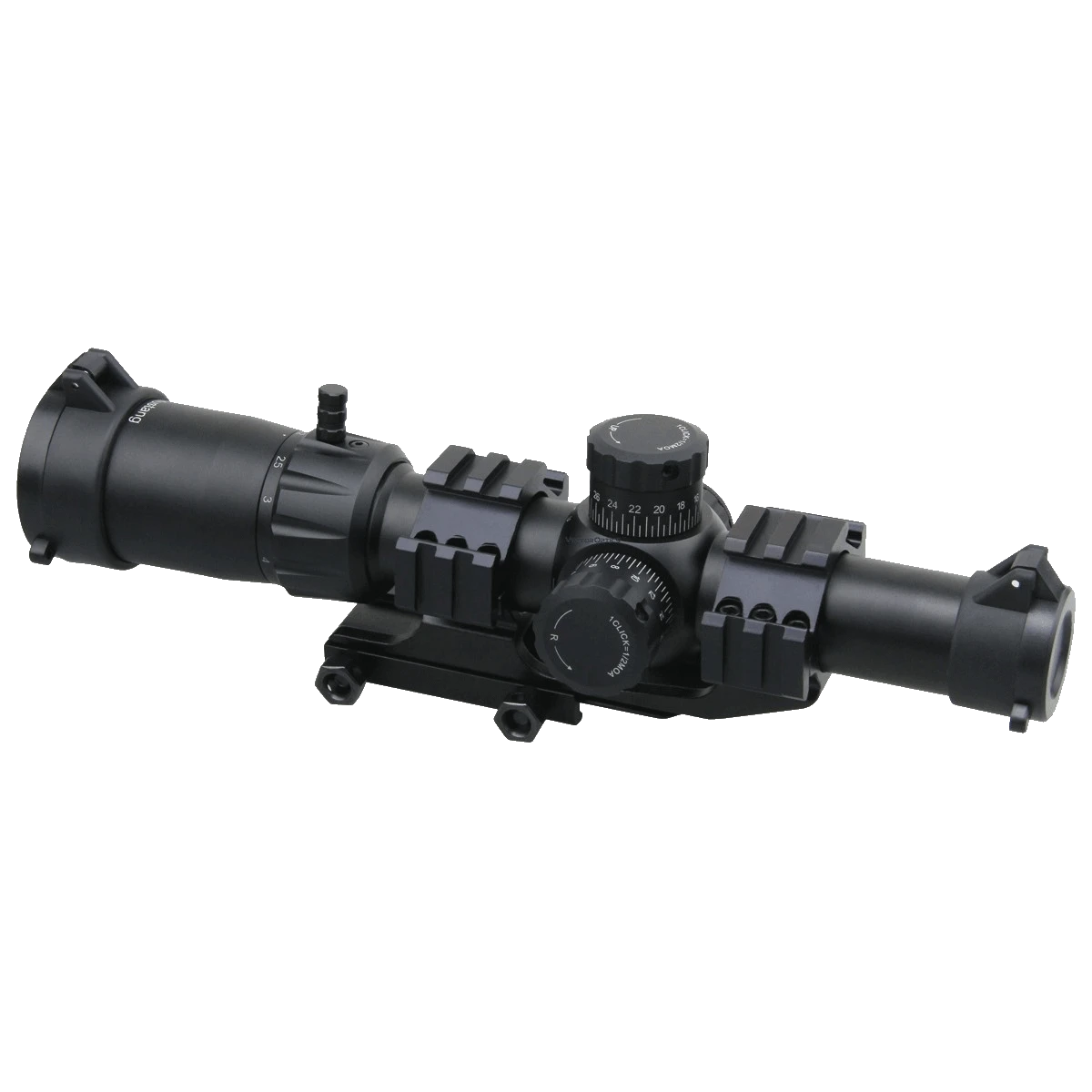 Vector Optics Mustang 1-4x24 FFP Zielfernrohr mit robustem 30 mm Monorohr und M-4RD-Absehen für schnelle Zielübernahme bei dynamischen Einsätzen.
