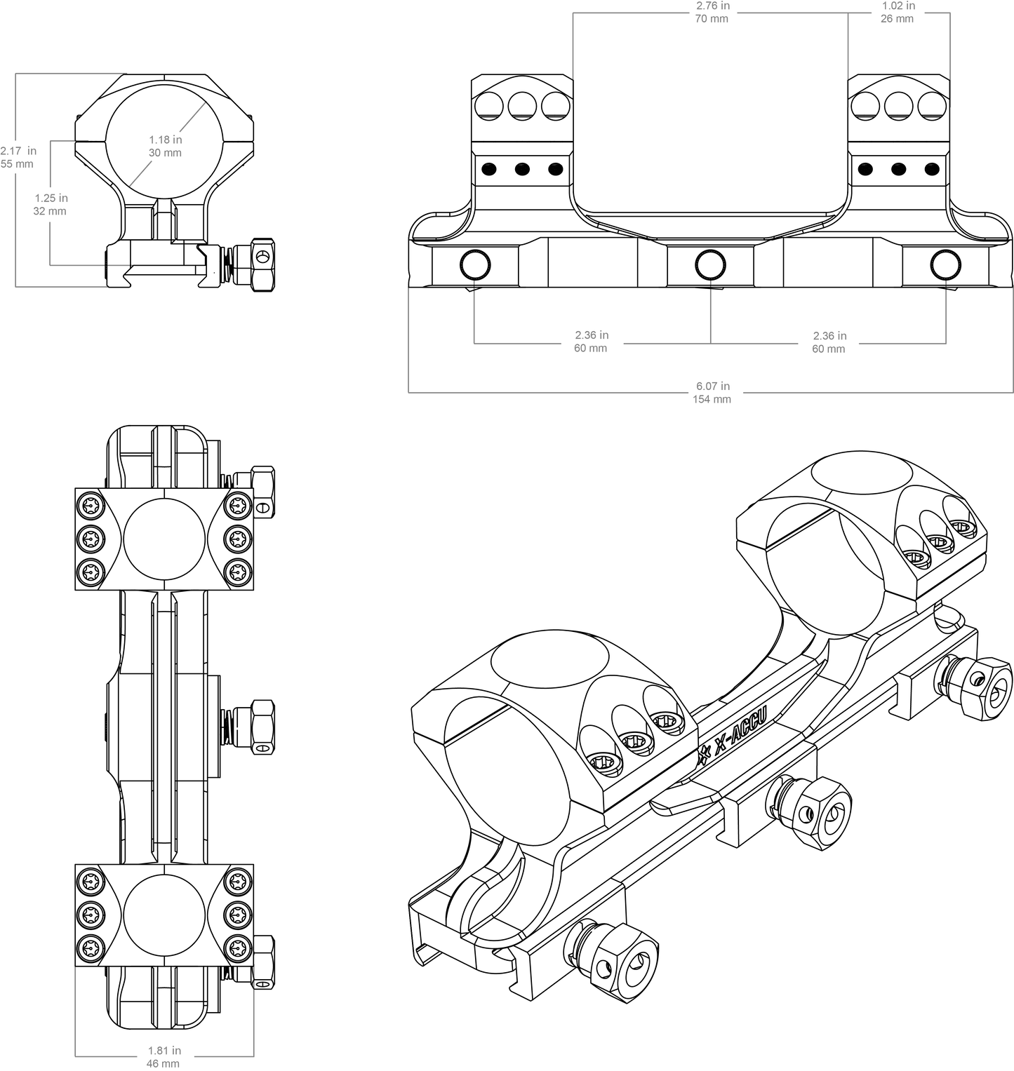 Technische Zeichnung der Blockmontage X-Accu mit exakten Maßen, 32mm Höhe und 0MOA Vorneigung für präzise Optikmontage.