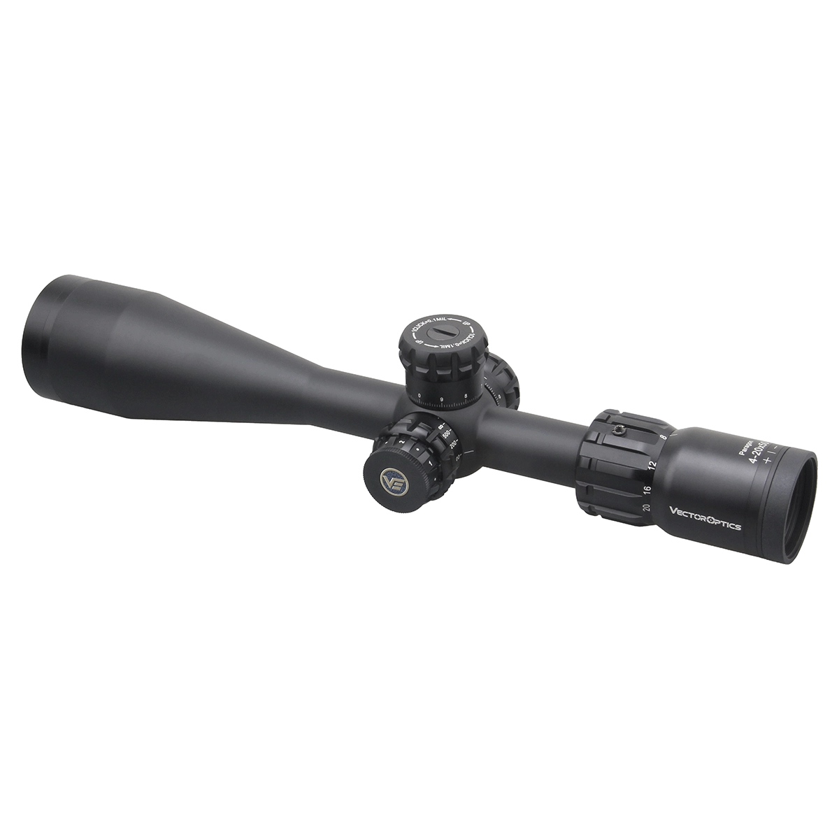 Detailansicht des Paragon 4-20x50 SFP Vector Optics Zielfernrohrs mit Zero-Stop und Turret-Lock Funktion für zuverlässige Zielgenauigkeit.