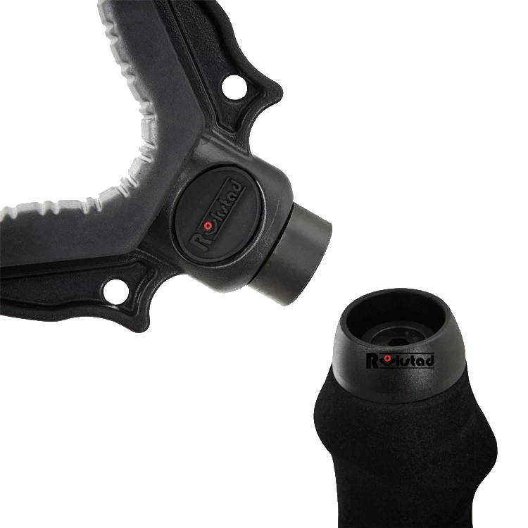 Nahaufnahme des 360° drehbaren V-Mounts und Magnetverschlusses des Monopod RSGR-01. Perfekt für flexible Waffenpositionierung.