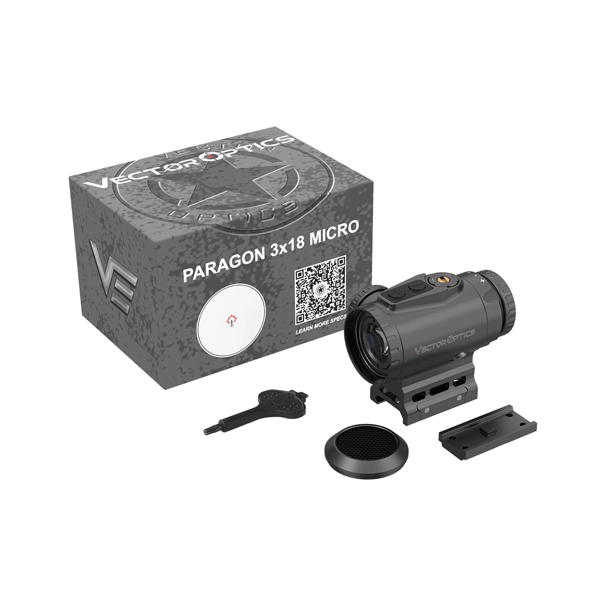 Lieferumfang des Prismenvisiers 3x18 Micro Paragon inklusive Box, Montagezubehör und Killflash für professionelle Optiklösungen.