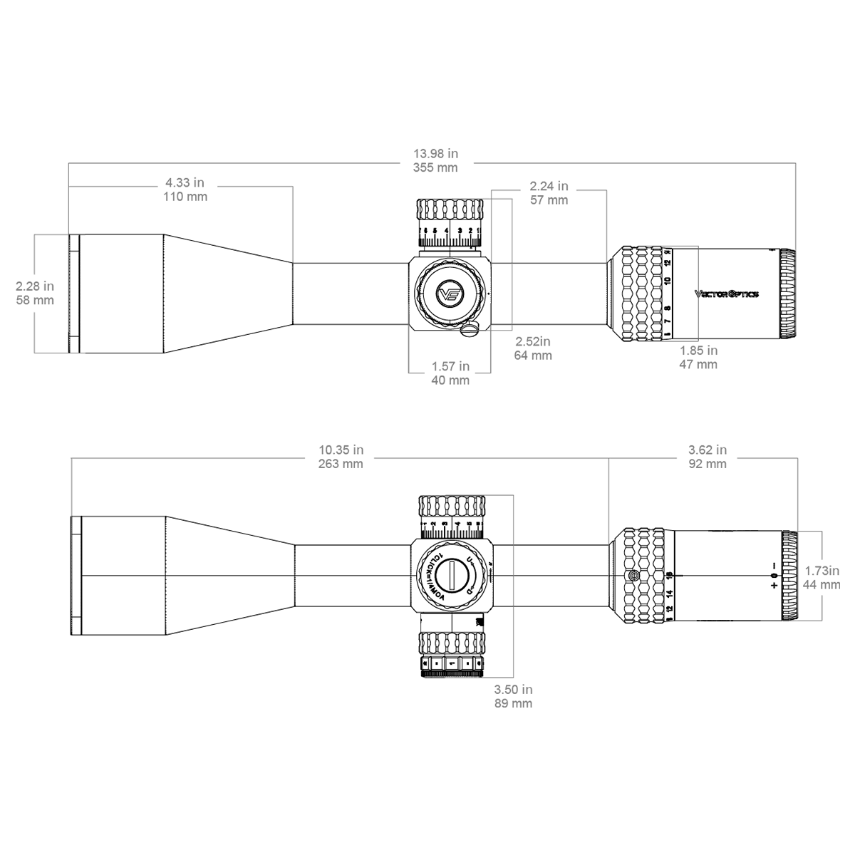 Technische Zeichnung des Tauron 4-16x44 SFP SCOL-45 Zielfernrohrs mit Maßangaben für Montage und Kompatibilität.