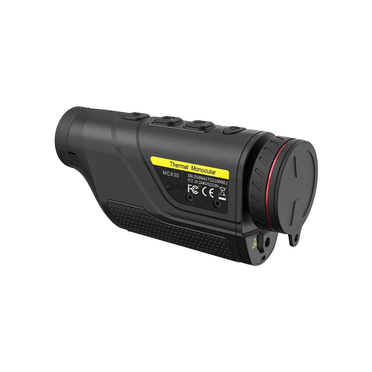 Rückansicht des Wärmebild Owlset MXC30 Thermal Imaging Monocular mit CE-Kennzeichnung und gelbem Label für professionelle Anwendungen in der Optik.