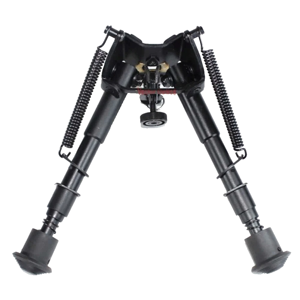 Zweibein Aluminium für Waffen in geöffneter Position mit Gummifüßen und Federmechanismus, kompakt und stufenverstellbar für präzises Schießen.