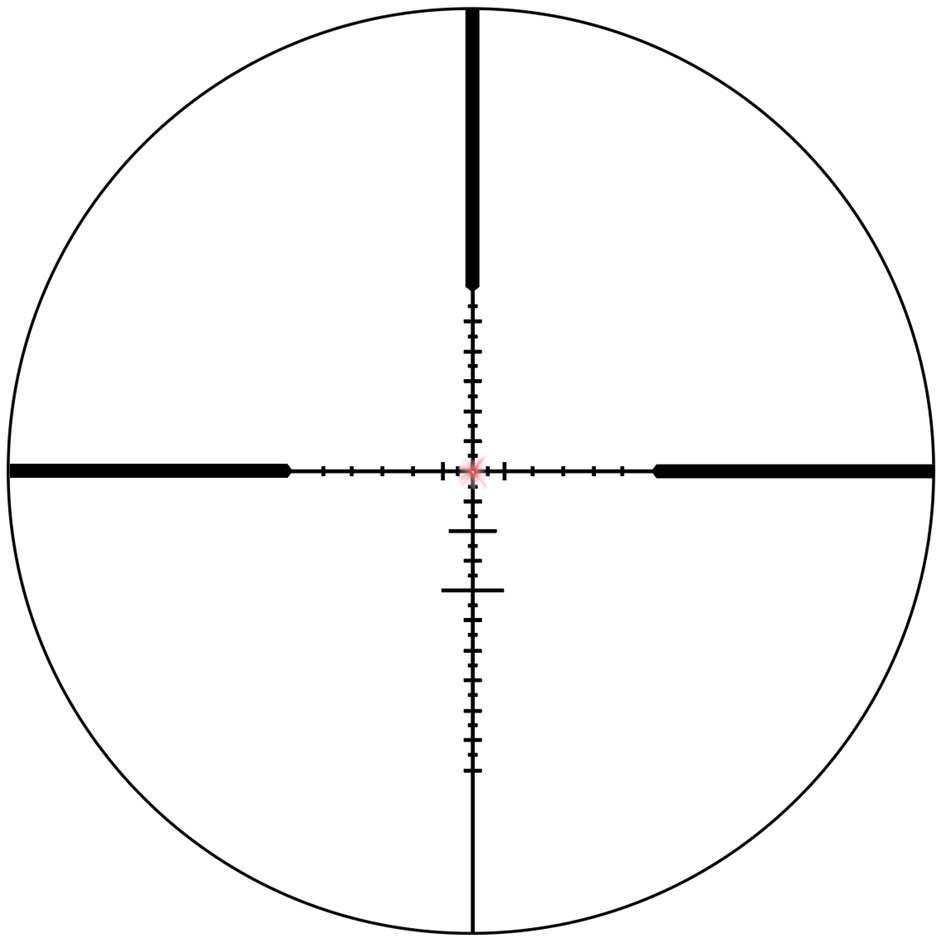 Absehen-Ansicht des Hugo 3–12×40i Zielfernrohrs mit beleuchtetem MPVO SFP Fadenkreuz für präzises Zielen bei variablen Lichtverhältnissen.