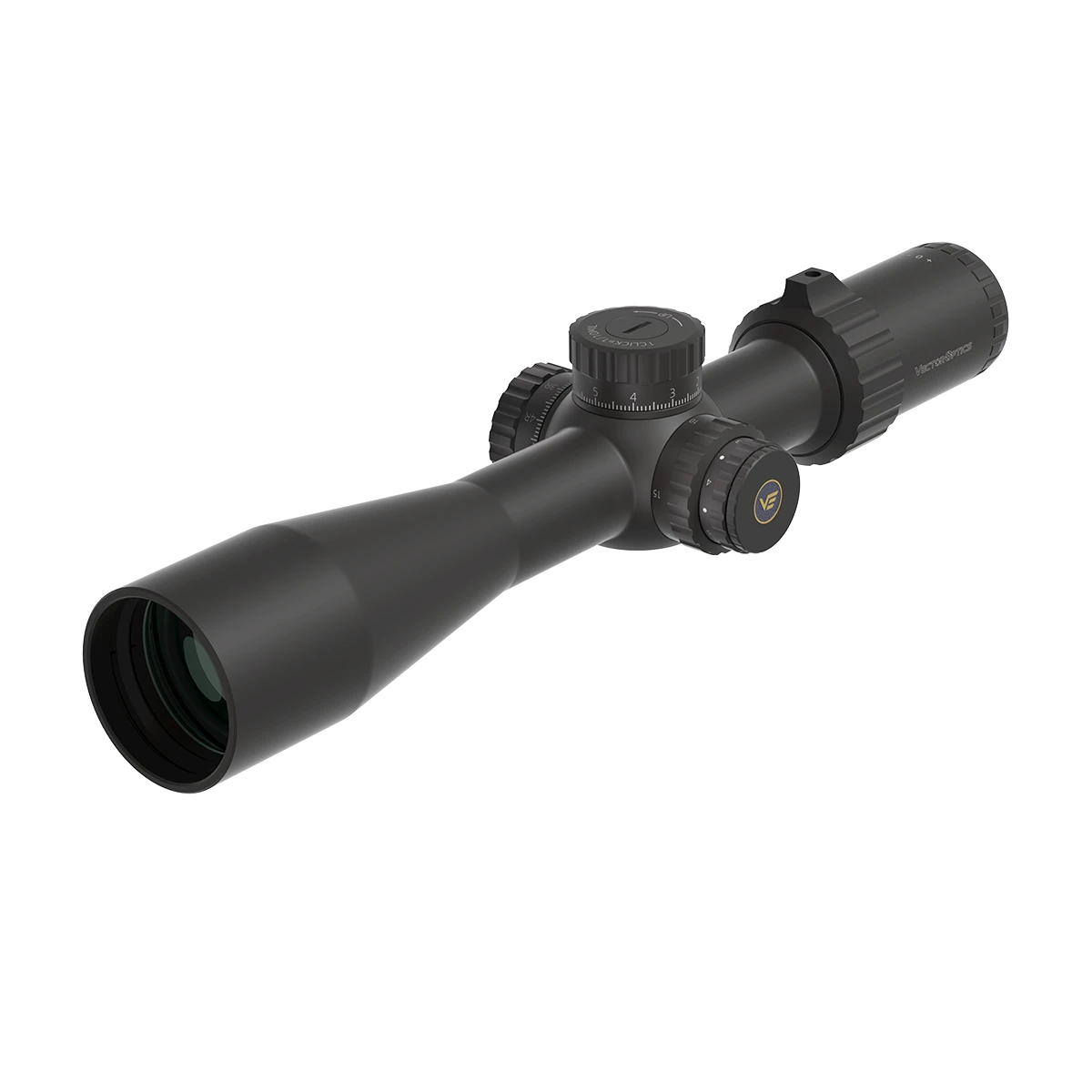 Schrägansicht des Tauron 6-24x50 HD MIL Rifle Scope mit taktischen Türmen für präzise Einstellungen bei Jagd und Sportschießen.