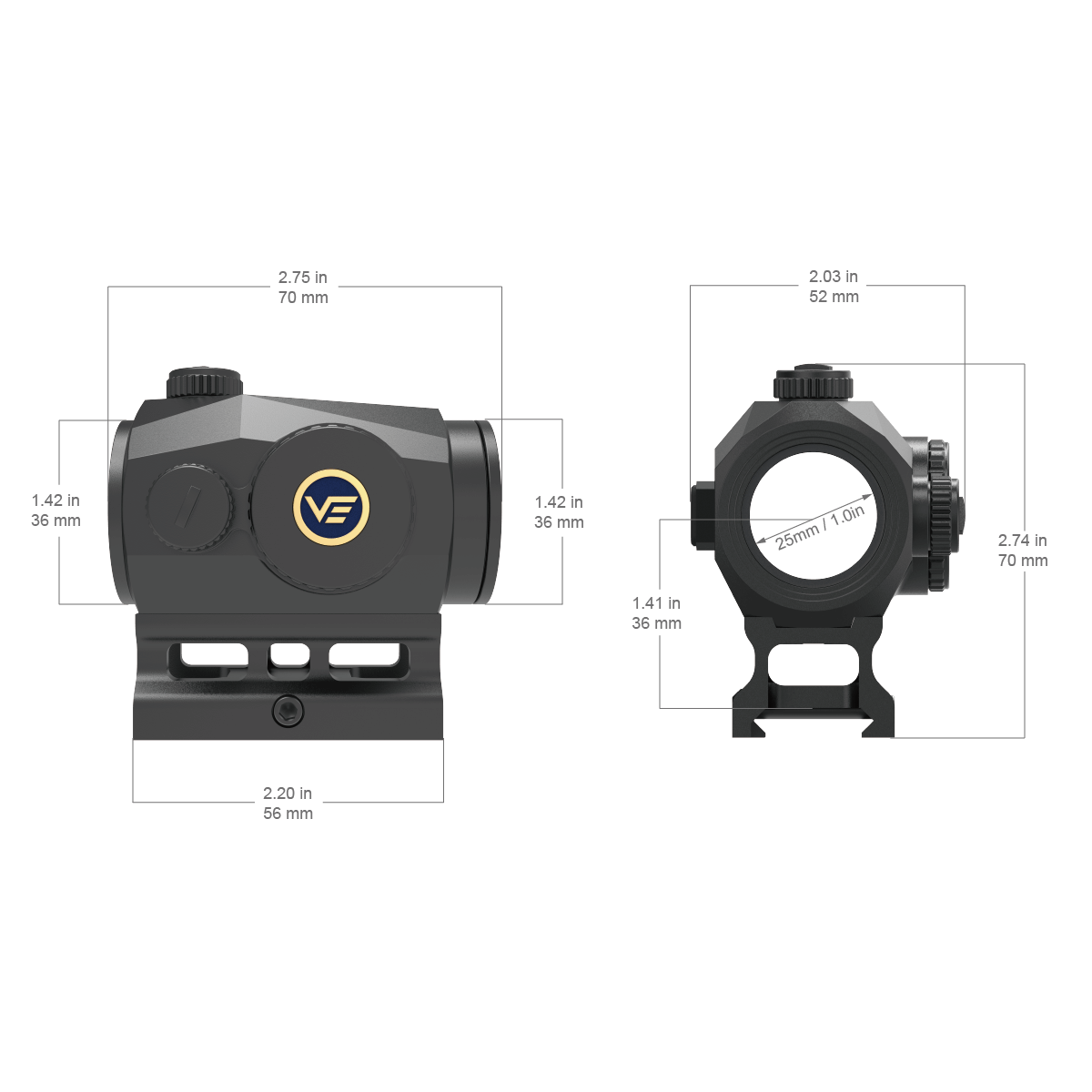Technische Zeichnung des Scrapper 1x25 Red Dot Sights mit Maßen und 25mm Linse, ideal für präzise Montageplanung.