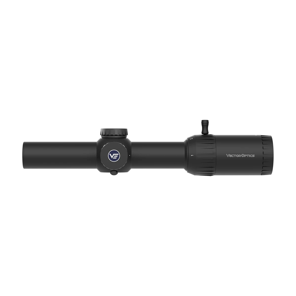 Profilansicht des Constantine 1-8x24 FFP Zielfernrohrs mit Vector Optics Logo, ideal für präzise Zielverfolgung bei Jagdanwendungen.