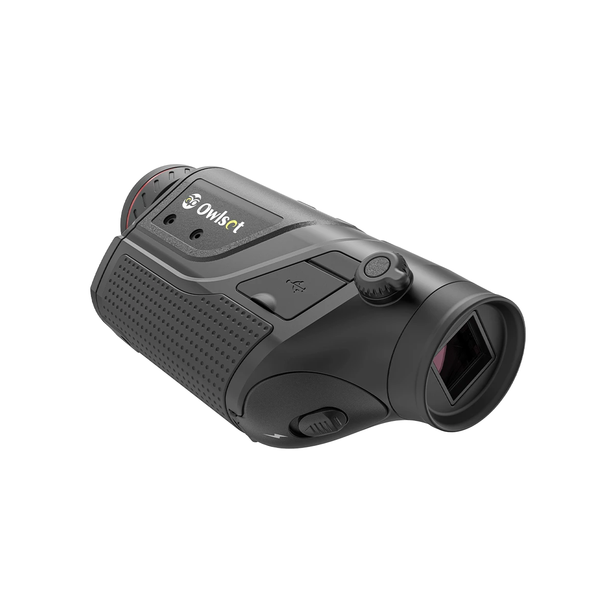 Detailansicht des OwlSet MXC20 mit Fokussierrad und USB-Anschluss, entwickelt für präzise Wärmebildaufnahmen im Gelände.